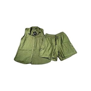 Cassee's Shirt & Short 2 Piece Set Womens M Olive Green Button Front Drawstring